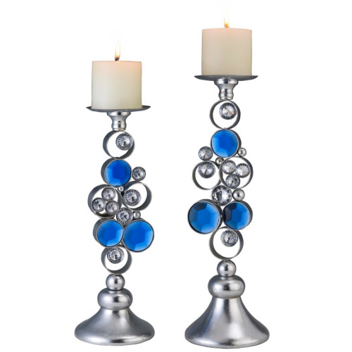 Homeroots Home Decor Set Of Two Silver and Blue Bling Tabletop Pillar Candle Holders, Silver and Blue, Set of Two