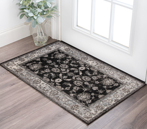 2' X 3' Ivory Black And Gray Oriental Area Rug