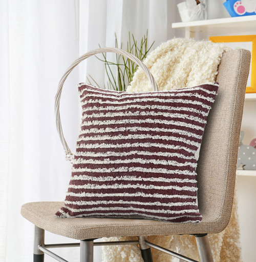 Homeroots Home Decor 20 X 20 Inches Maroon and Cream 100% Cotton Striped Zippered Pillow