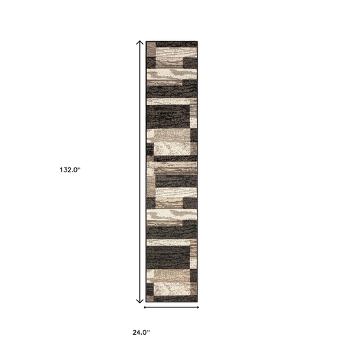11' Black Brown And Beige Patchwork Runner Rug