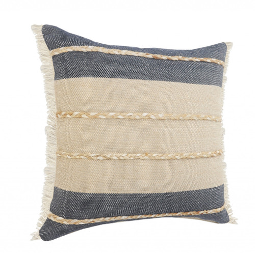 Homeroots Home Decor 24 X 24 Inches in Denim Blue Tan and Taupe Jute Coastal Zippered Pillow