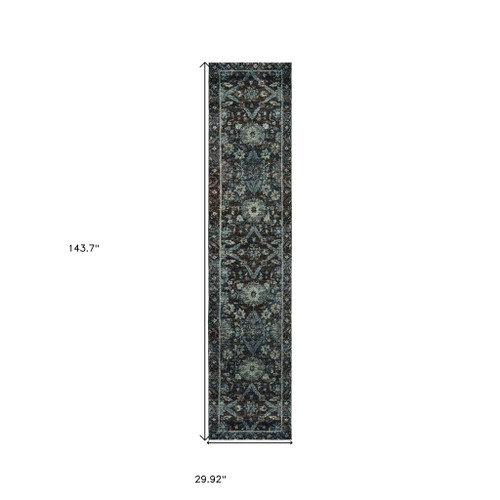 Homeroots Home Decor 2' X 10' Oriental Runner Rug, Navy and Blue, Power Loom Stain Resistant