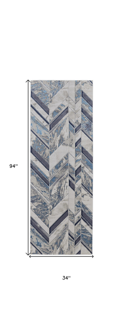 8' Ivory Blue And Gray Chevron Power Loom Distressed Runner Rug