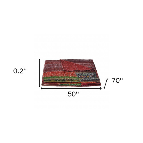 70" X 50" Red Kantha Silk Patchwork Throw Blanket with Embroidery