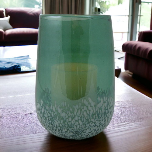 8" Green And White Glass Tabletop Hurricane Candle Holder With Candle