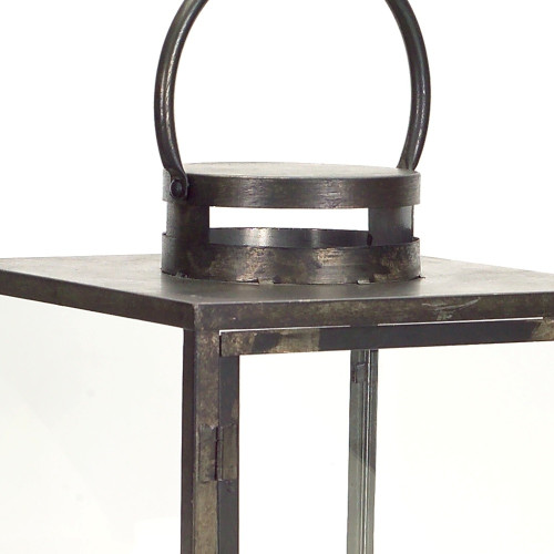 Set of Three Gray And Brown Distressed Geometric Glass Metal And Wood Floor Lantern Candle Holders