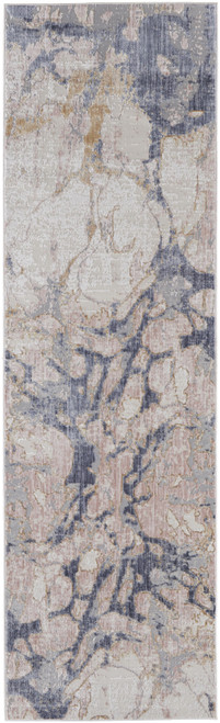 Homeroots Home Decor 12' Beige and Blue Abstract Power Loom Distressed Runner Rug