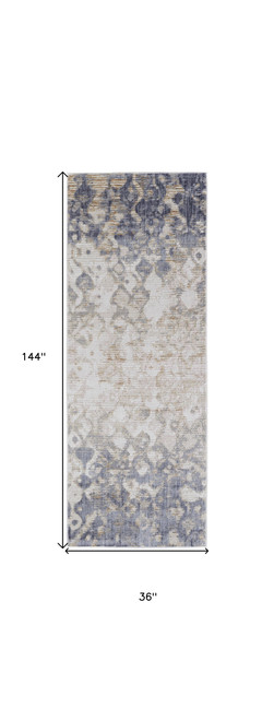 Homeroots Home Decor 12' Tan Ivory and Blue Abstract Power Loom Distressed Runner Rug