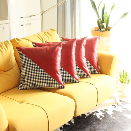 Homeroots Home Decor Set Of Four 18 x 18 Inches Black and Red Polyester Houndstooth Zippered Pillows