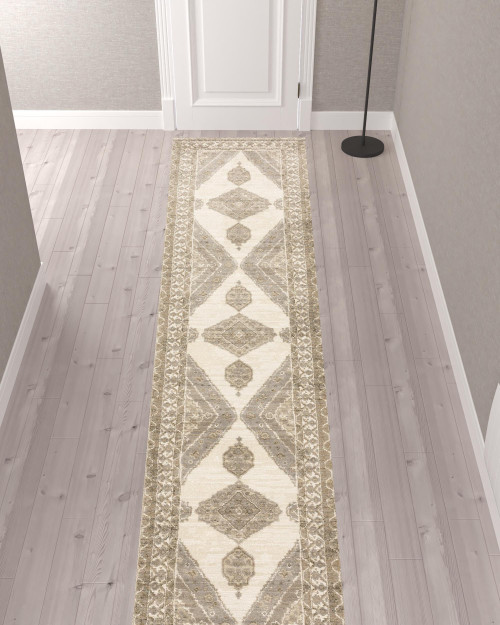 Homeroots Home Decor Oriental Runner Rug Beige and Ivory Power Loom Stain Resistant 2' x 10'