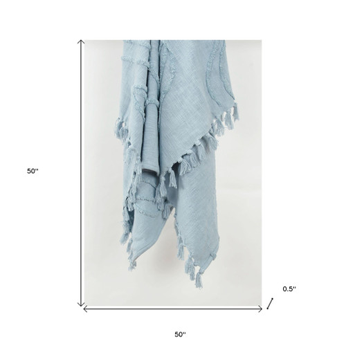 50" X 60" Light Blue Cotton Woven Throw Blanket with Tassels And Fringe