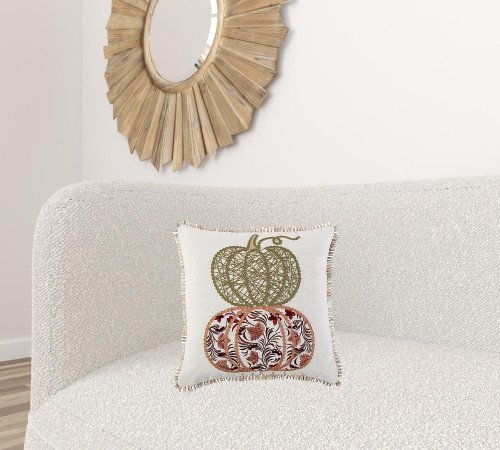 Homeroots Home Decor 18 Inches Thanksgiving Cotton Pillow, Ivory Green and Red, with Applique and Embroidery
