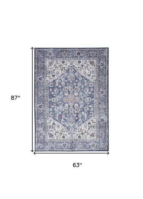 5' x 7' Gray Ivory and Blue Floral Power Loom Distressed Washable Area Rug