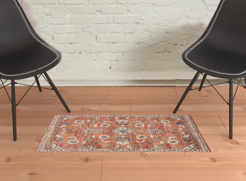 2' x 3' Orange Floral Power Loom Area Rug