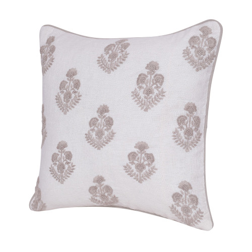 Homeroots Home Decor 20 X 20 Inches Natural and Ivory Floral Linen Zippered Pillow with Embroidery