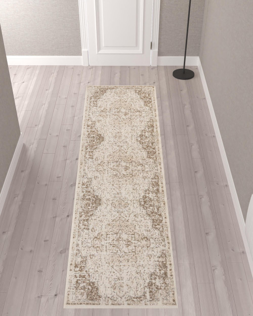 10' Cream And Brown Medallion Runner Rug