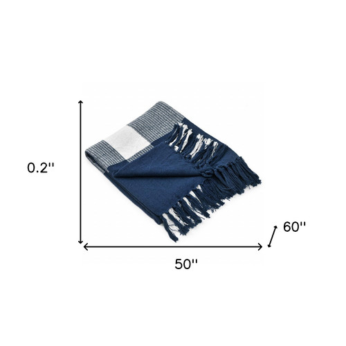 50" X 60" Blue and White Woven Cotton Checkered Throw Blanket with Fringe