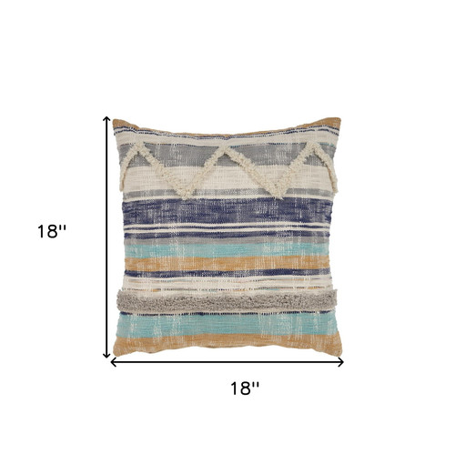 Homeroots Home Decor 18 Inch Beige Blue and Gray Geometric Cotton Zippered Pillow