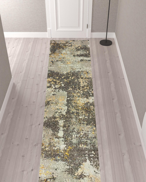 Homeroots Home Decor 2' x 10' Abstract Runner Rug, Grey and Gold, Power Loom Stain Resistant