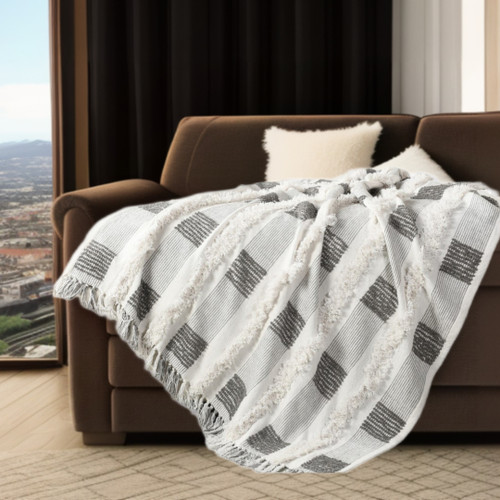 60" X 50" Gray and White Woven Cotton Checkered Throw Blanket with Fringe