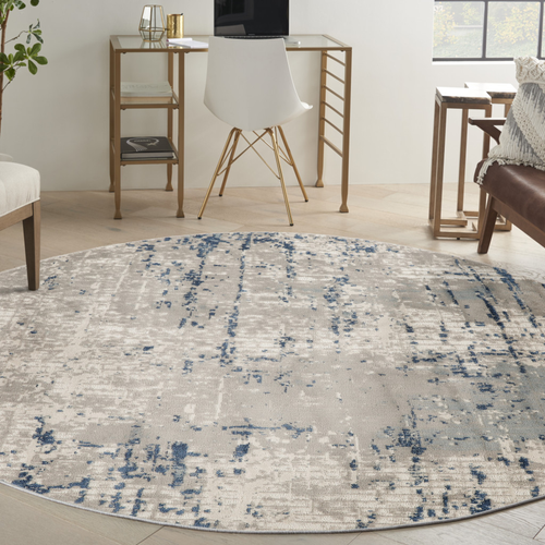 8' Blue and Gray Round Abstract Power Loom Area Rug