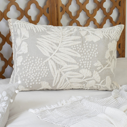 Homeroots Home Decor 16 X 24 Inches Natural and Ivory Botanical Linen Zippered Pillow with Embroidery