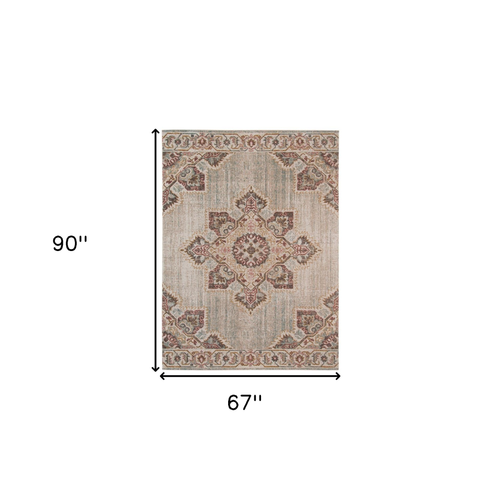 6' X 8' Beige Rust And Teal Medallion Area Rug