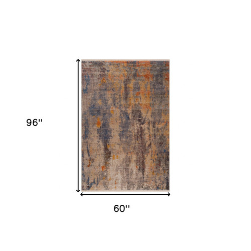 Homeroots Home Decor 5' x 8' Abstract Power Loom Distressed Stain Resistant Area Rug, Gray Beige Blue and Yellow