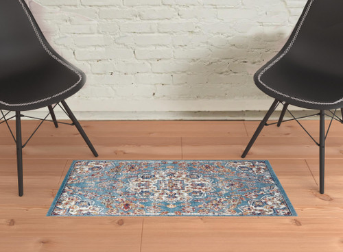 2' X 3' Ivory Gray and Orange Medallion Power Loom Area Rug