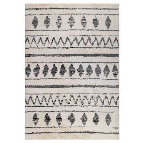 10' Cream Black And Gray Geometric Shag Runner Rug