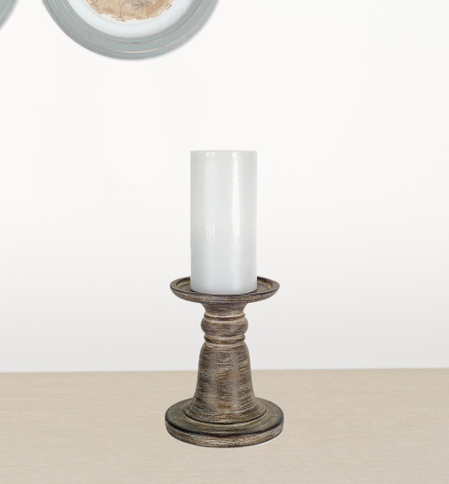Set of Three Brown Distressed Stone Tabletop Taper Candlesticks