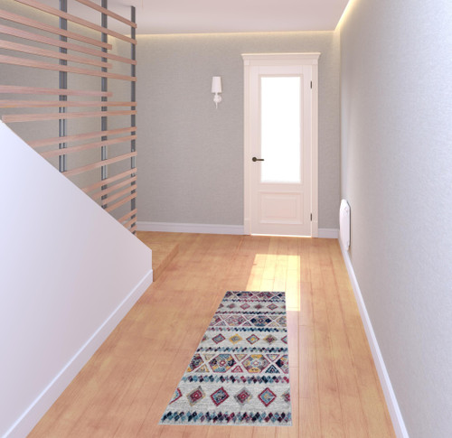 6' Ivory Blue and Orange Geometric Power Loom Runner Rug