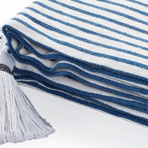 50" X 60" Blue and White Woven Cotton Striped Throw Blanket with Tassels Home Accent