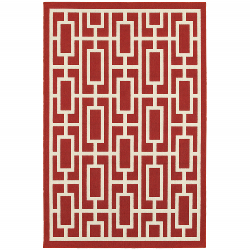 4' X 6' Red and Ivory Geometric Stain Resistant Indoor Outdoor Area Rug