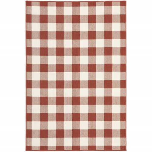 4' X 6' Red and Ivory Geometric Stain Resistant Indoor Outdoor Area Rug