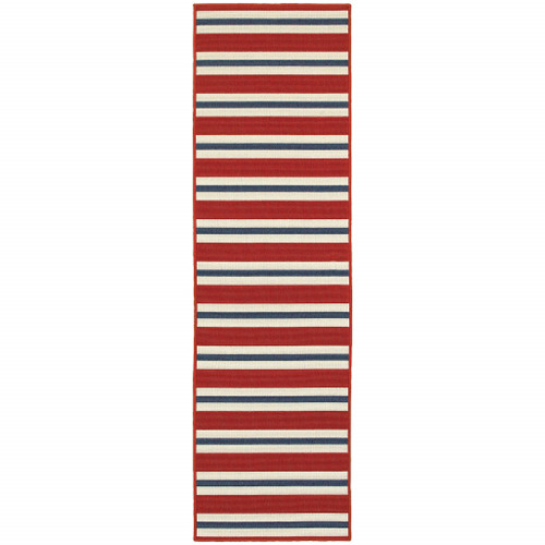 2' X 8' Red and Ivory Geometric Stain Resistant Indoor Outdoor Area Rug