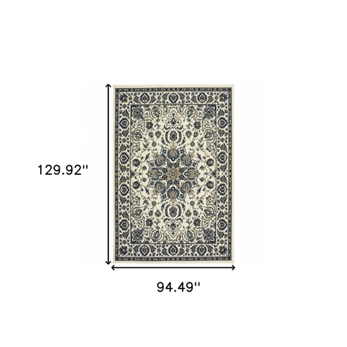 8' X 11' Ivory and Blue Oriental Stain Resistant Indoor Outdoor Area Rug