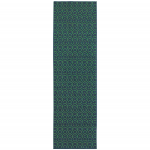 2' X 8' Blue and Green Geometric Stain Resistant Indoor Outdoor Area Rug