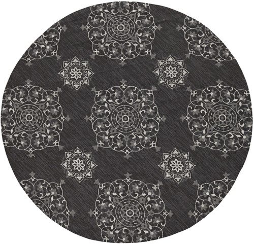 Homeroots Home Decor 8' Charcoal Grey Hand Woven UV Treated Geometric Traditional Round Indoor Outdoor Area Rug