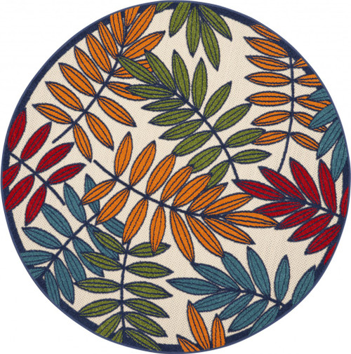 4' Ivory And Blue Round Floral Indoor Outdoor Area Rug