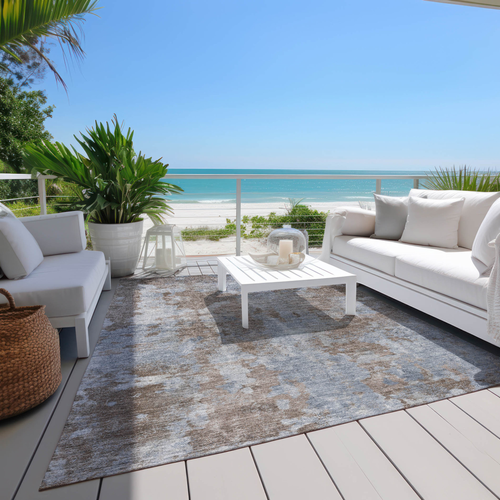 9' X 12' Mocha and Blue Abstract Washable Non Skid Indoor Outdoor Area Rug