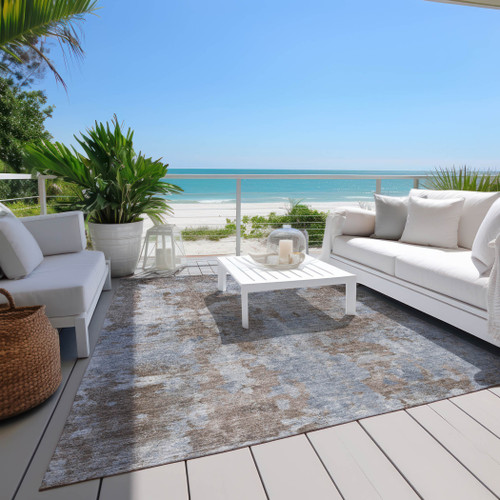 9' X 12' Mocha and Blue Abstract Washable Non Skid Indoor Outdoor Area Rug