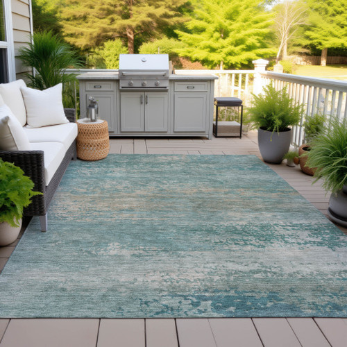 10' X 14' Aqua And Beige Abstract Washable Indoor Outdoor Area Rug