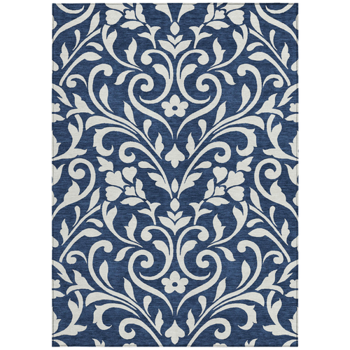 10' X 14' Navy Blue And Ivory Floral Washable Indoor Outdoor Area Rug