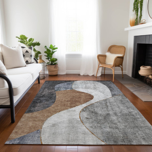 8' X 10' Gray Charcoal And Brown Abstract Washable Indoor Outdoor Area Rug