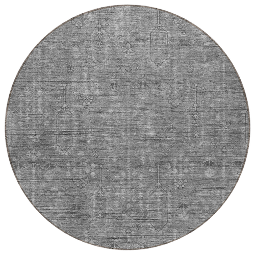 8' Gray And Charcoal Round Southwestern Washable Indoor Outdoor Area Rug