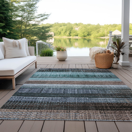9' X 12' Teal Blue And Brown Striped Washable Indoor Outdoor Area Rug