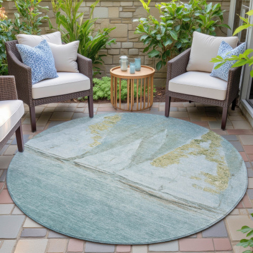 8' Teal Blue And Gold Round Nautical Washable Indoor Outdoor Area Rug