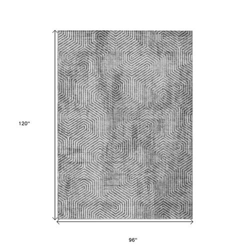 8' X 10' Silver And Gray Geometric Washable Indoor Outdoor Area Rug