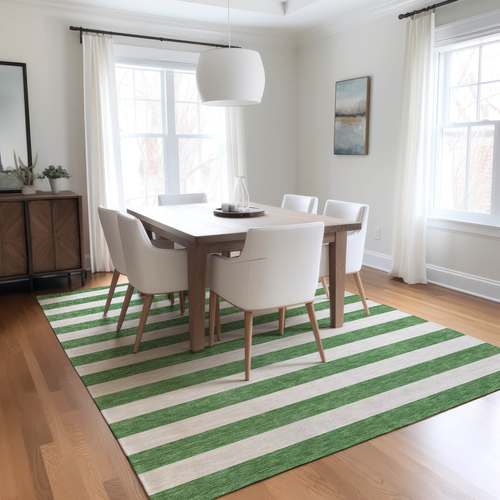 9' X 12' Green and White Striped Washable Indoor Outdoor Area Rug